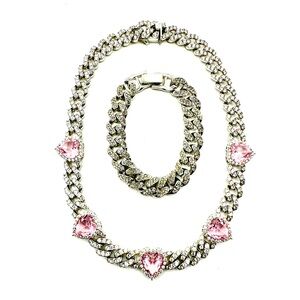 Iced Out Pink Heart Cuban Chain Set (Necklace + Bracelet)